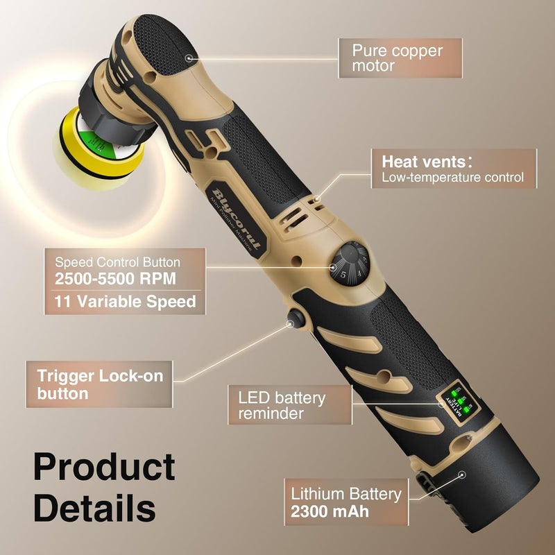 Blycorul Cordless Mini Polisher,1/1.5/2Inch,DA&RO with 11 Variable Speed 2500-6000 RPM,2.3Ah Rechargeable Battery,Car Detailing Micro Polisher - Image 5